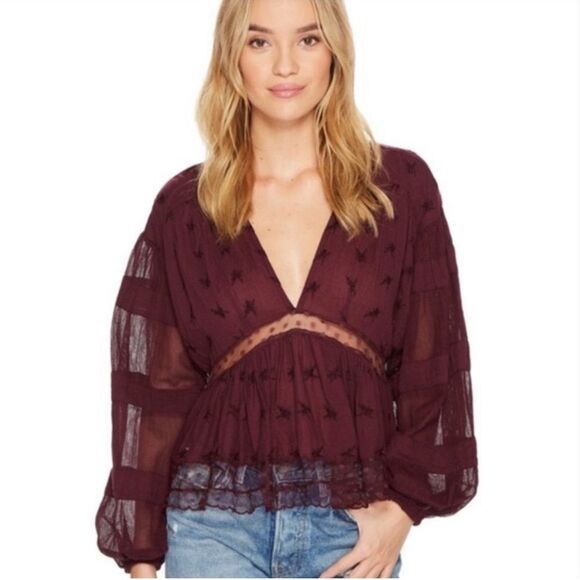 FREE PEOPLE Nostalgic Feels Blouse Burgundy Size Small - Picture 4 of 6